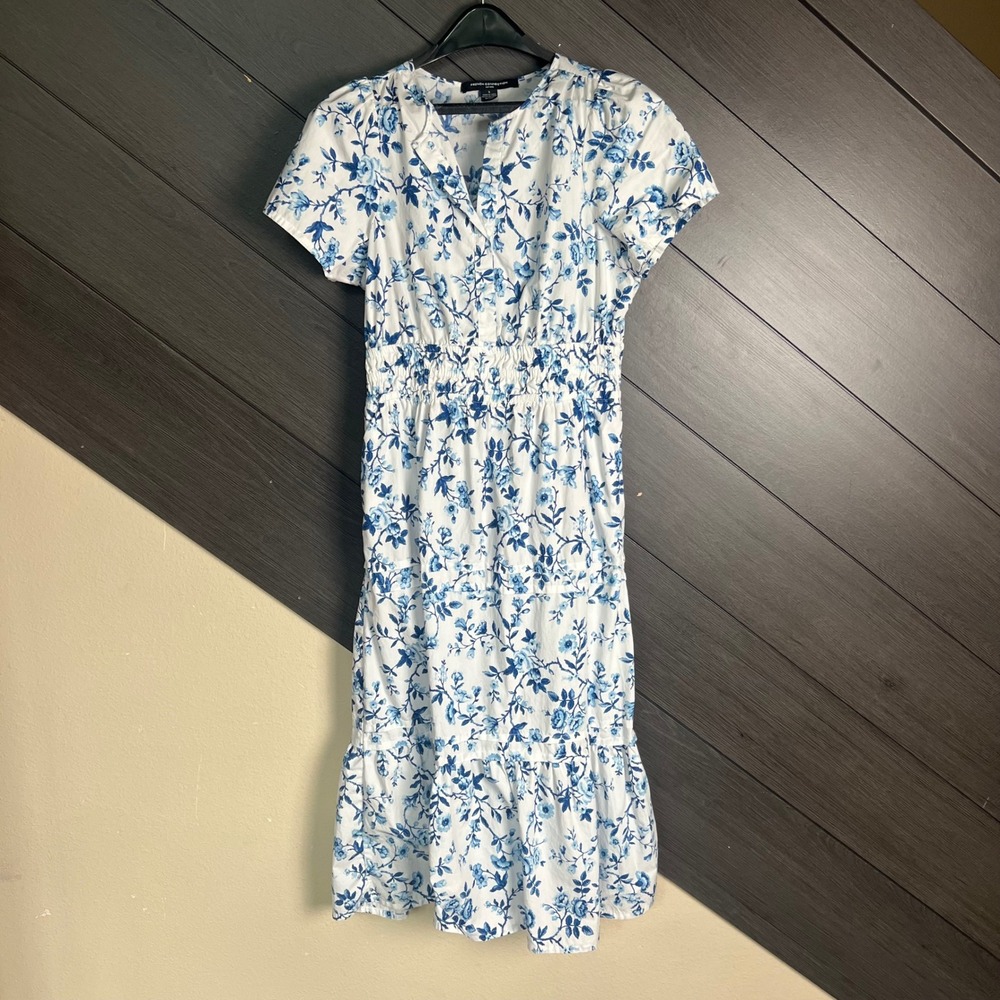 French Connection Floral Midi Dress Blue White Cotton Cottagecore Size Small